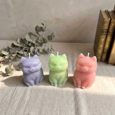 El Yapımı Sevimli Kedi Figürlü Mum Seti – 3'lü, Pastel Renkli Dekoratif Mum