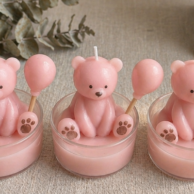 5 Adet Ayı Figürlü Tealight Mum – Balonlu Sevimli Ayı Tasarımı, Dekoratif El Yapımı Kokulu Mum, Baby Shower & Doğum Günü Hediyesi